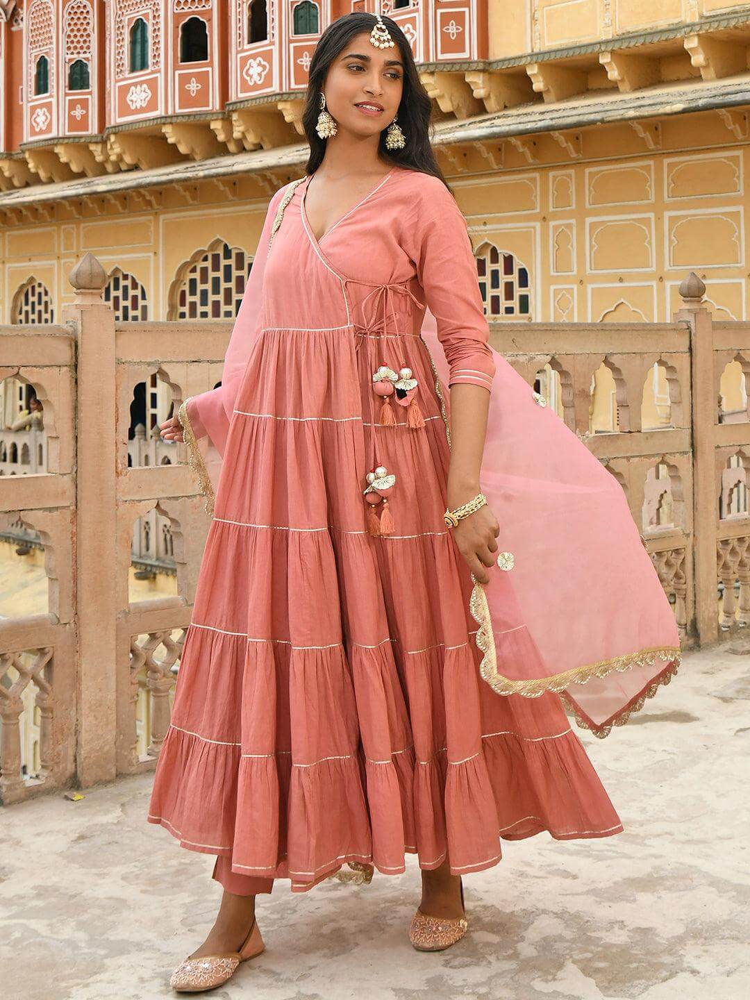 Dusty Rose Cotton Angrakha Kurta Pant Dupatta Set with Gota Detailing and Tassels for Women