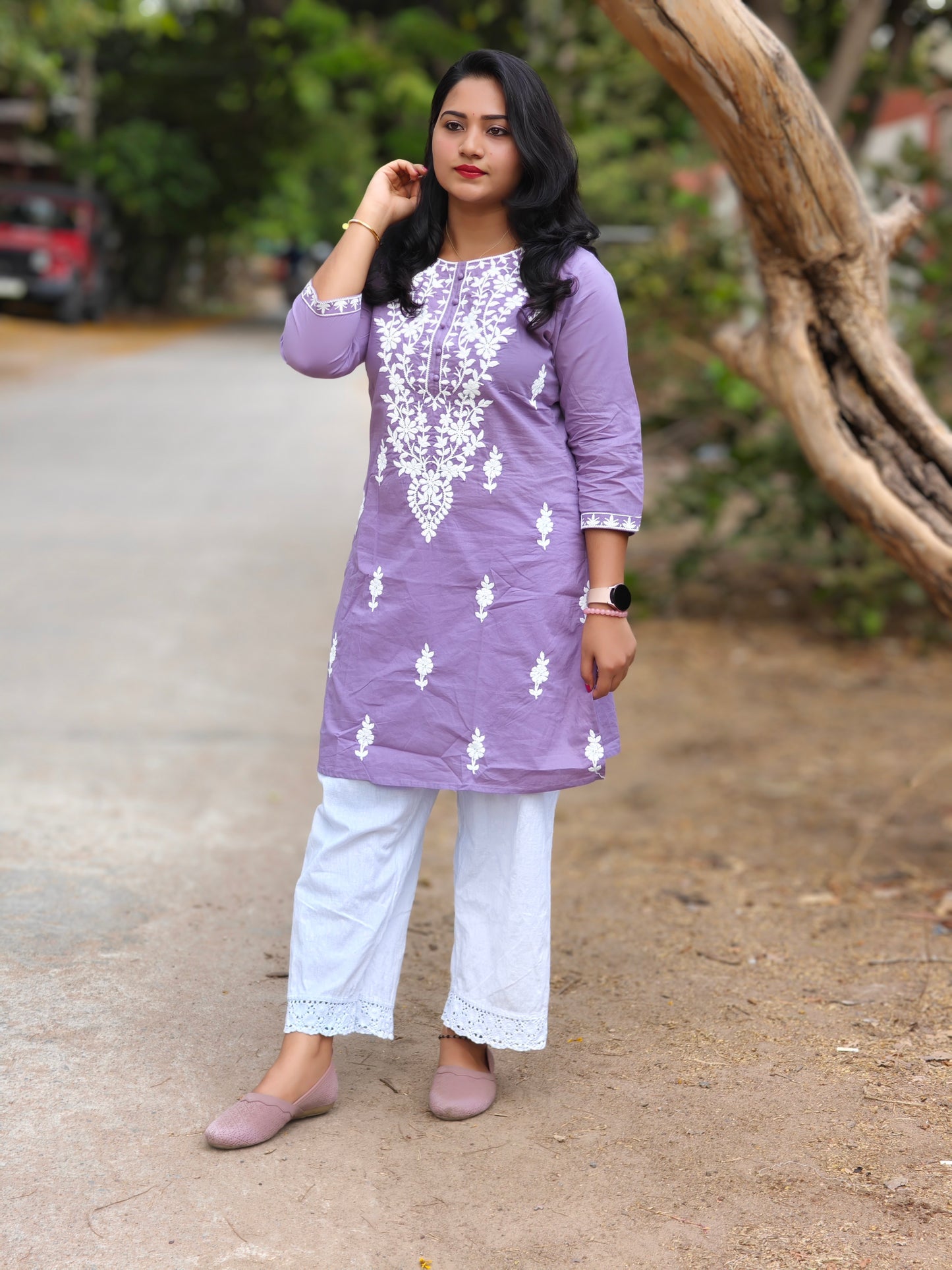 Lavender Cotton Chikankari Embroidered Tunic for Women – M to 2XL