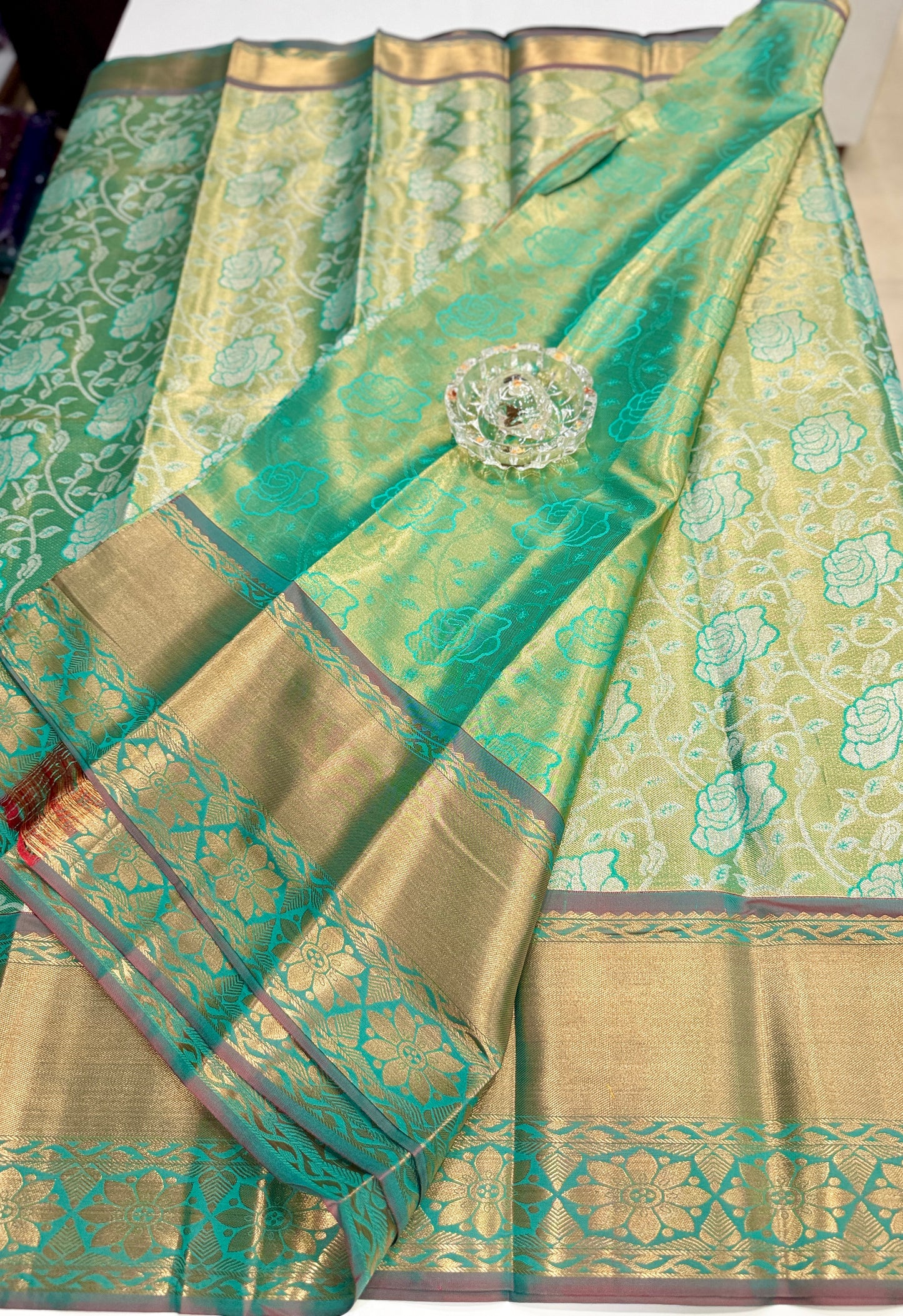 Bridal tissue saree for women with woven zari work and contrast border, kanchipuram style powerloom saree with blouse fabric