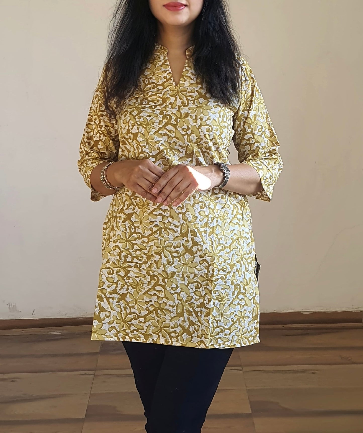 Pure Cotton Cambric Tunic for Women with Stand Collar and 3/4th Sleeves – M to 3XL