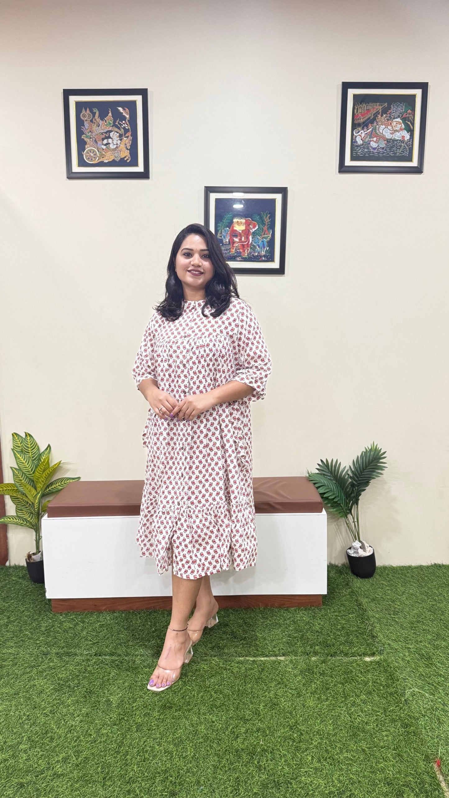 White Cotton Floral Printed Gathered Midi Dress – Women’s Casual Wear (L to 2XL)