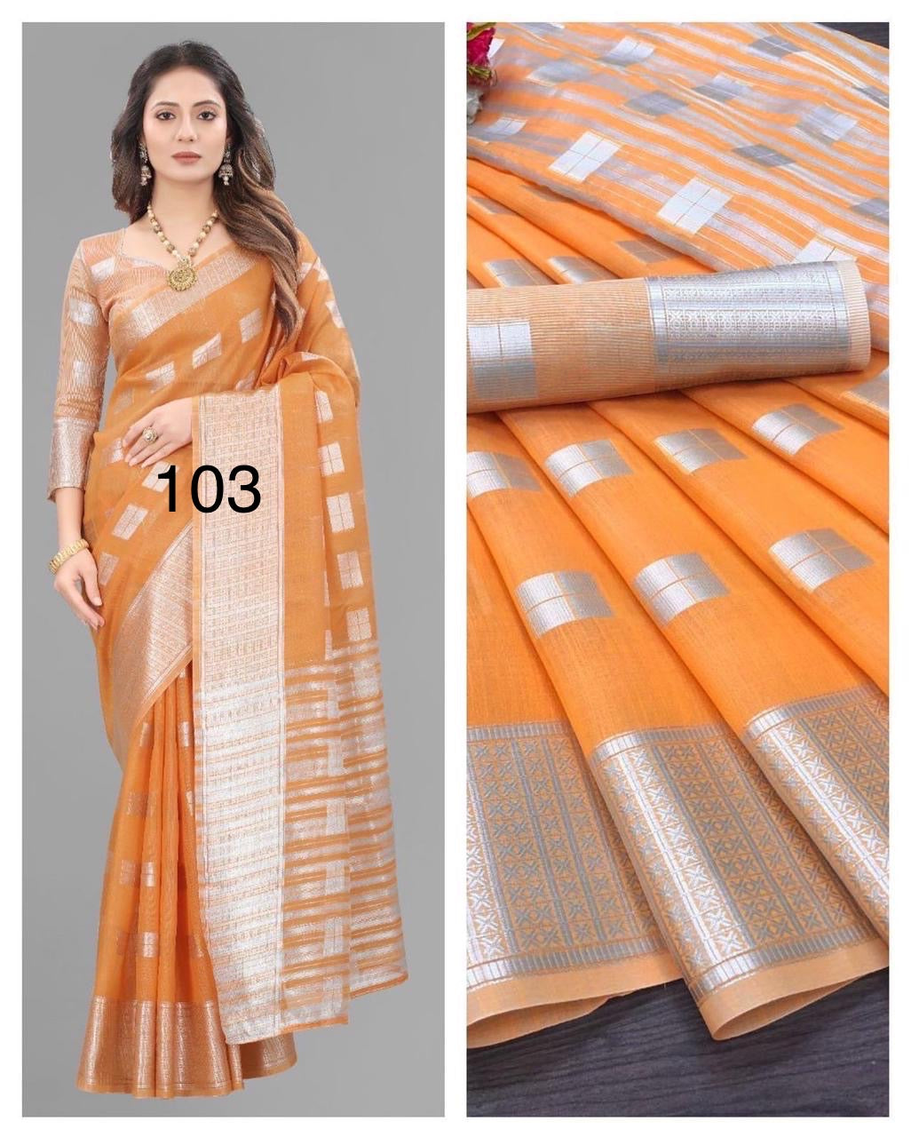 Linen Silk Saree with Silver Zari Weaving and Contrast Blouse – Festive and Wedding Wear