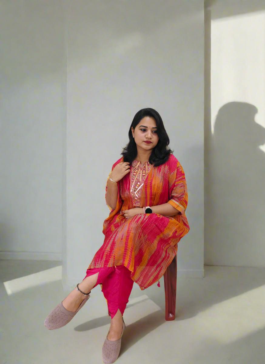 Habutai Silk Kaftan Kurti with Tulip Pant Set Featuring Mirror Embroidery and Tassels