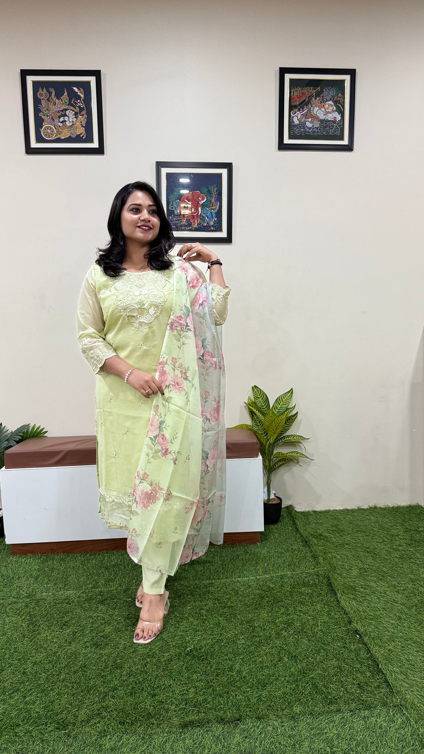 Women’s Organza Embroidered Suit Set with Viscose Silk Pant and Digital Print Dupatta – L to 3XL