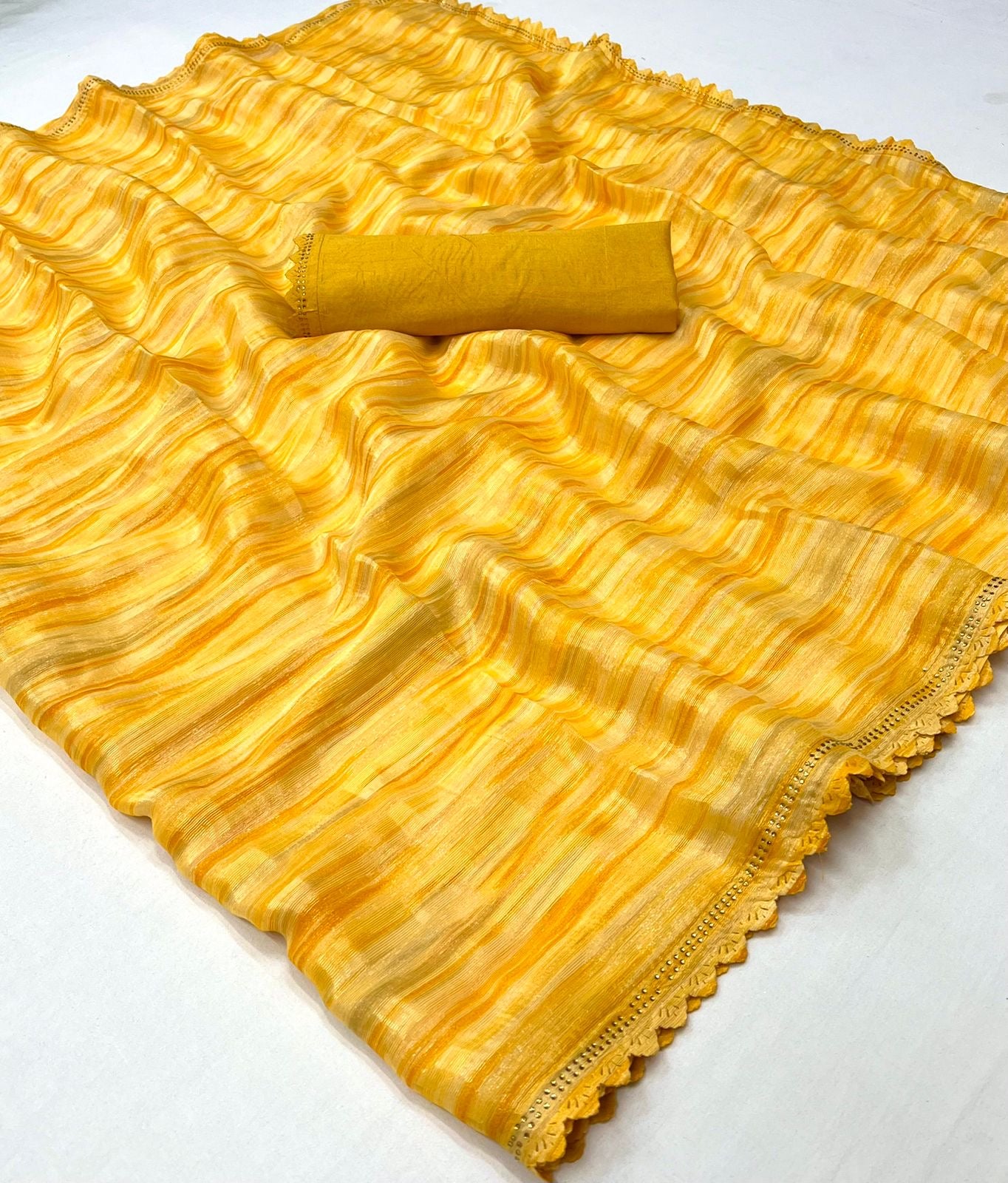 Stunning Gold Georgette Saree with Weaving Zari Sibori Print and Siroski Cutwork Border