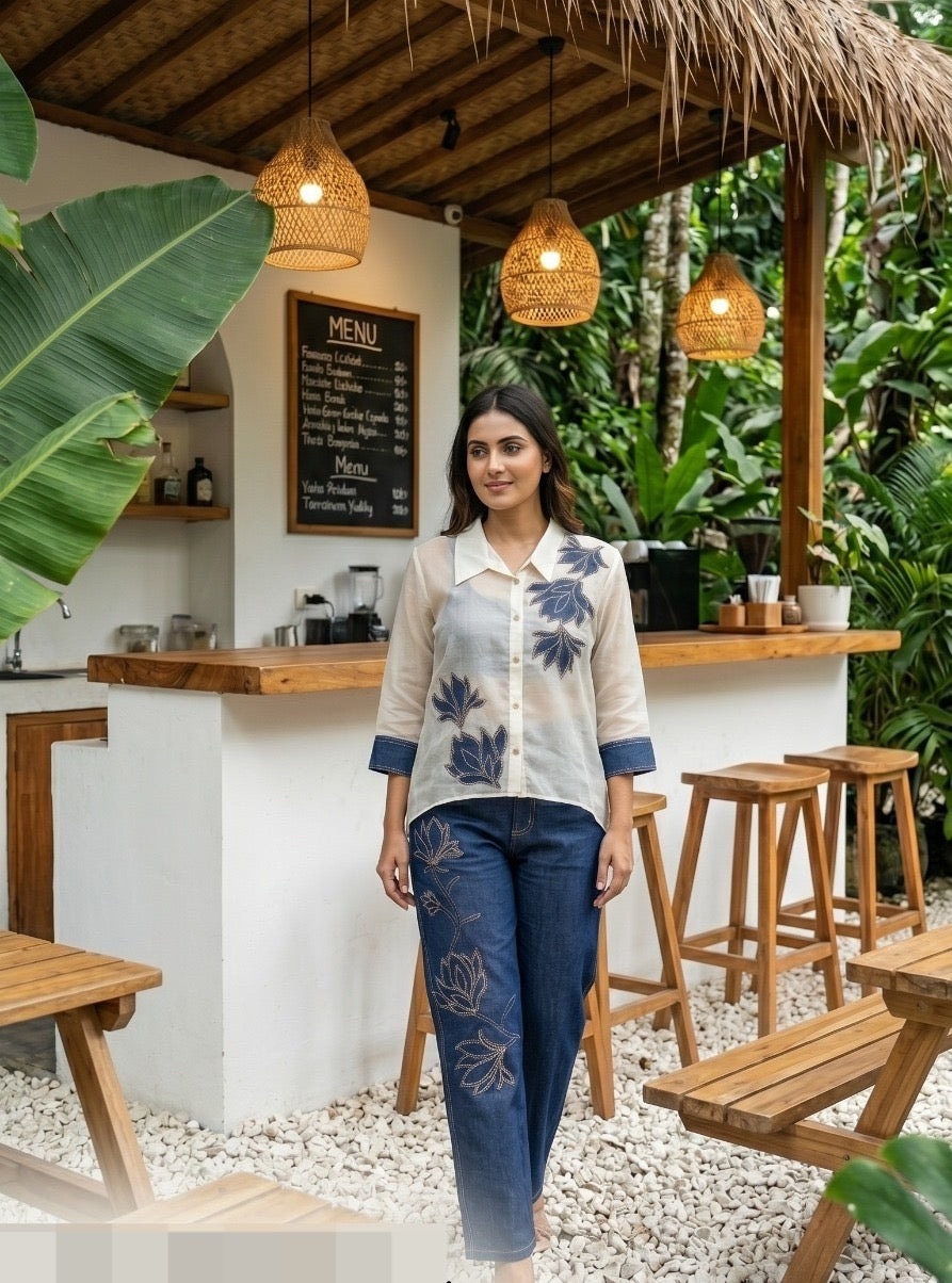 Applique Shirt and High Waist Pant Co-Ord Set for Women with Sheer Shirt and Floral Detail