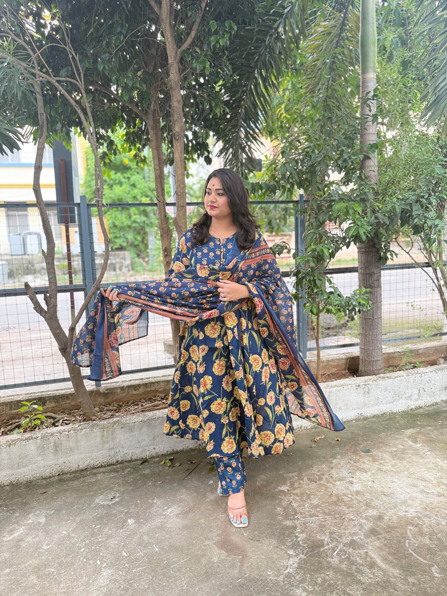 Cotton Anarkali Kurta Pant Dupatta Set with Detailing Work – M to 3XL