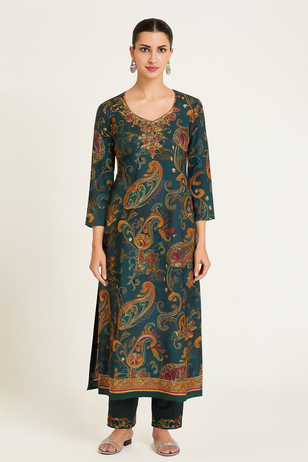 Natural Crepe Kurta Set with Mirror Handwork and Printed Viscose Dupatta – XL to 3XL Sizes