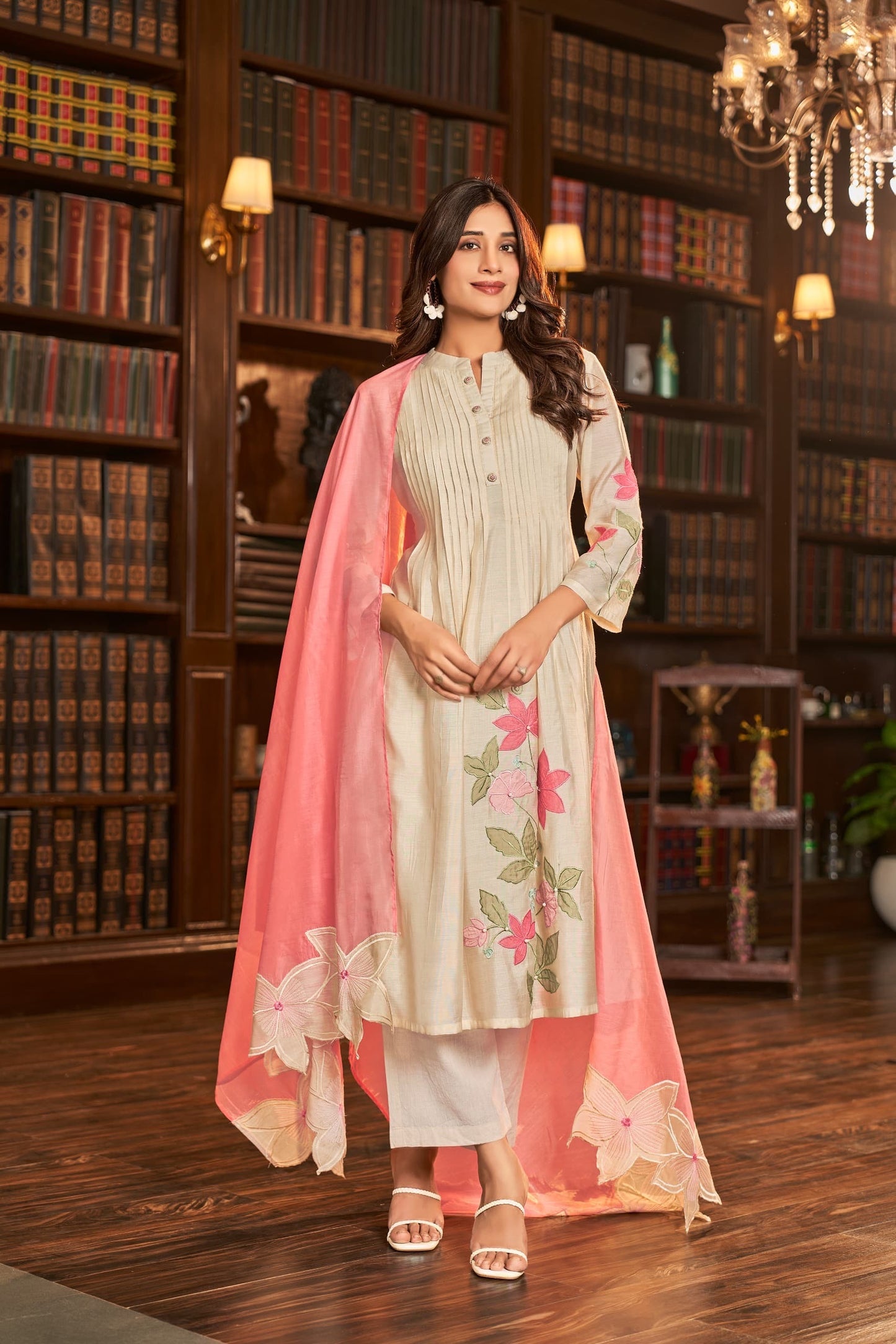 Mul Chanderi Anarkali Kurta Pant Dupatta Set with Elegant Detailing Work for Women