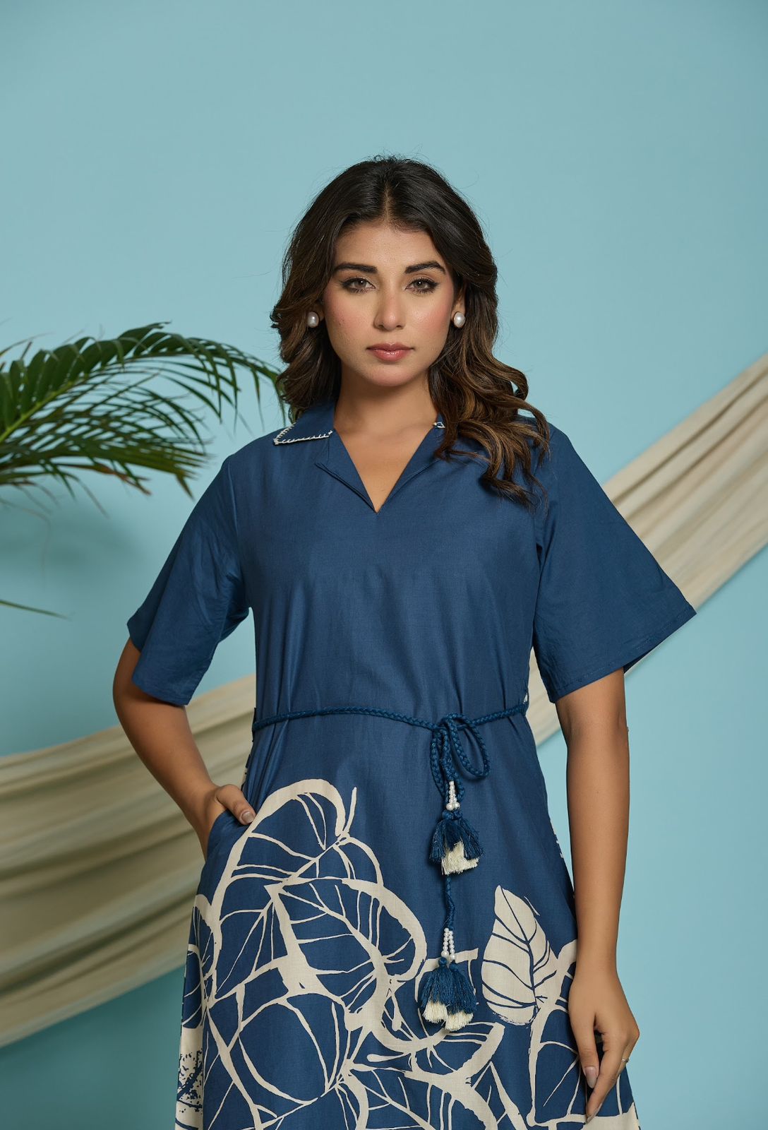 Printed Cotton Midi Dress with One-Side Pocket and Drawstring Waist – Women’s Casual Wear (Sizes 36 to 44)