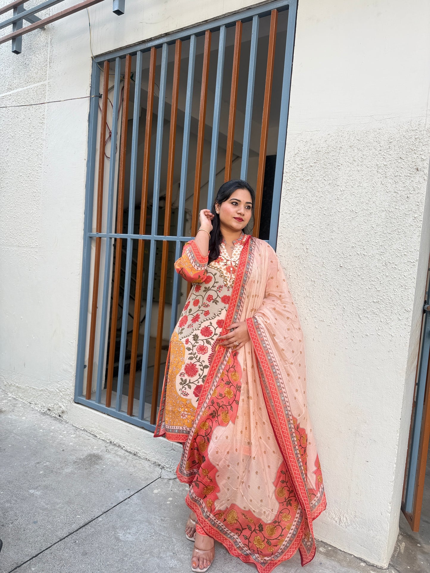 Premium digital crepe printed suit set for women with lining, kurta pant dupatta, thread work detailing