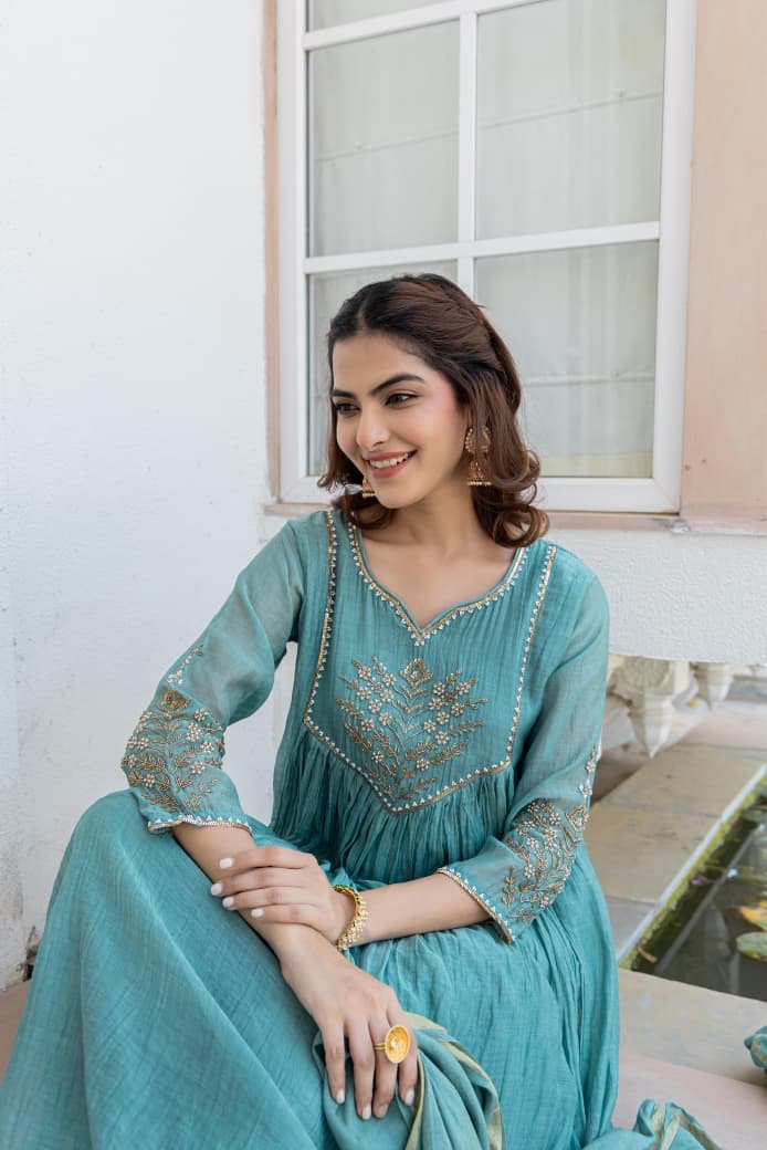 Pure Mul Chanderi Kurta Pant Dupatta Set with Hand Embroidery – Elegant Festive Wear for Women