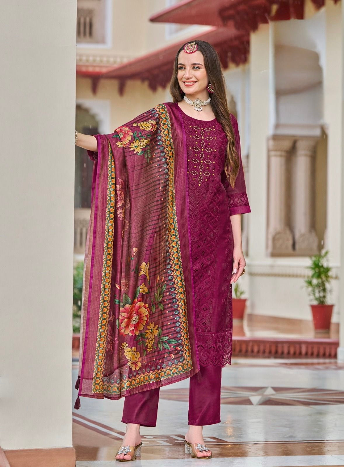 Chanderi Silk Chifli Work Kurti with Pant & Digital Print Dupatta – Festive Wear – Sizes XXL to 4XL