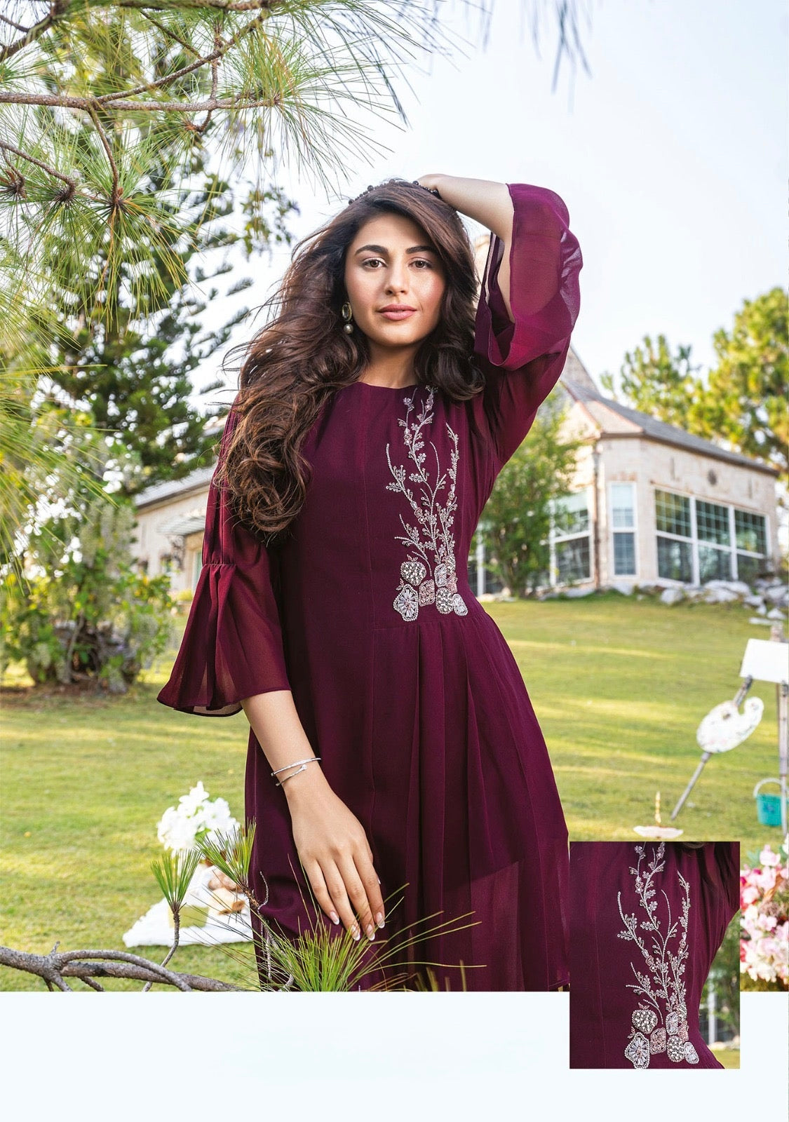 Georgette Designer Kurti Pant Set for Women with Handwork and Cotton Lycra Bottom