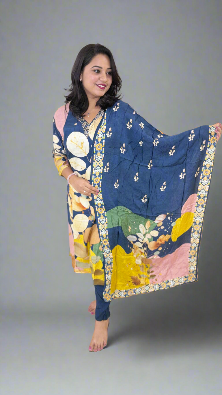 Pure Muslin Kurta Pant Dupatta Set with Handwork and Cotton Inner – Plus Sizes XL to 3XL