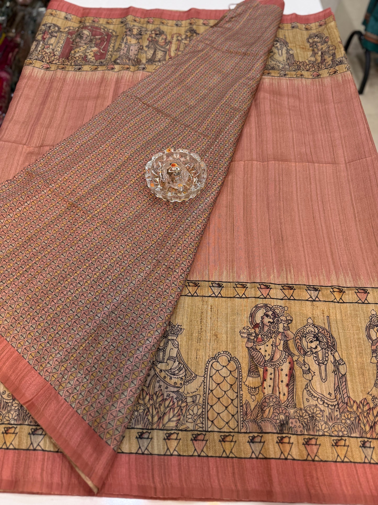 Spider Silk Saree with Folk Art Print Border and Tassel Pallu