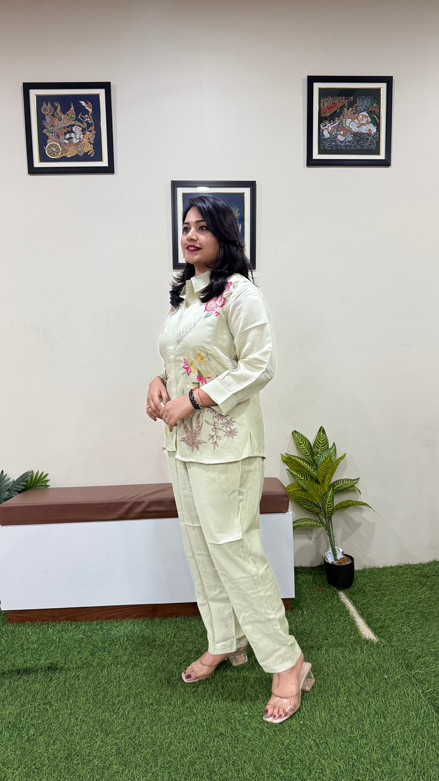 Women's Pure Silk Co-ord Set in Light Pistachio with Floral Embroidery and Straight Pants