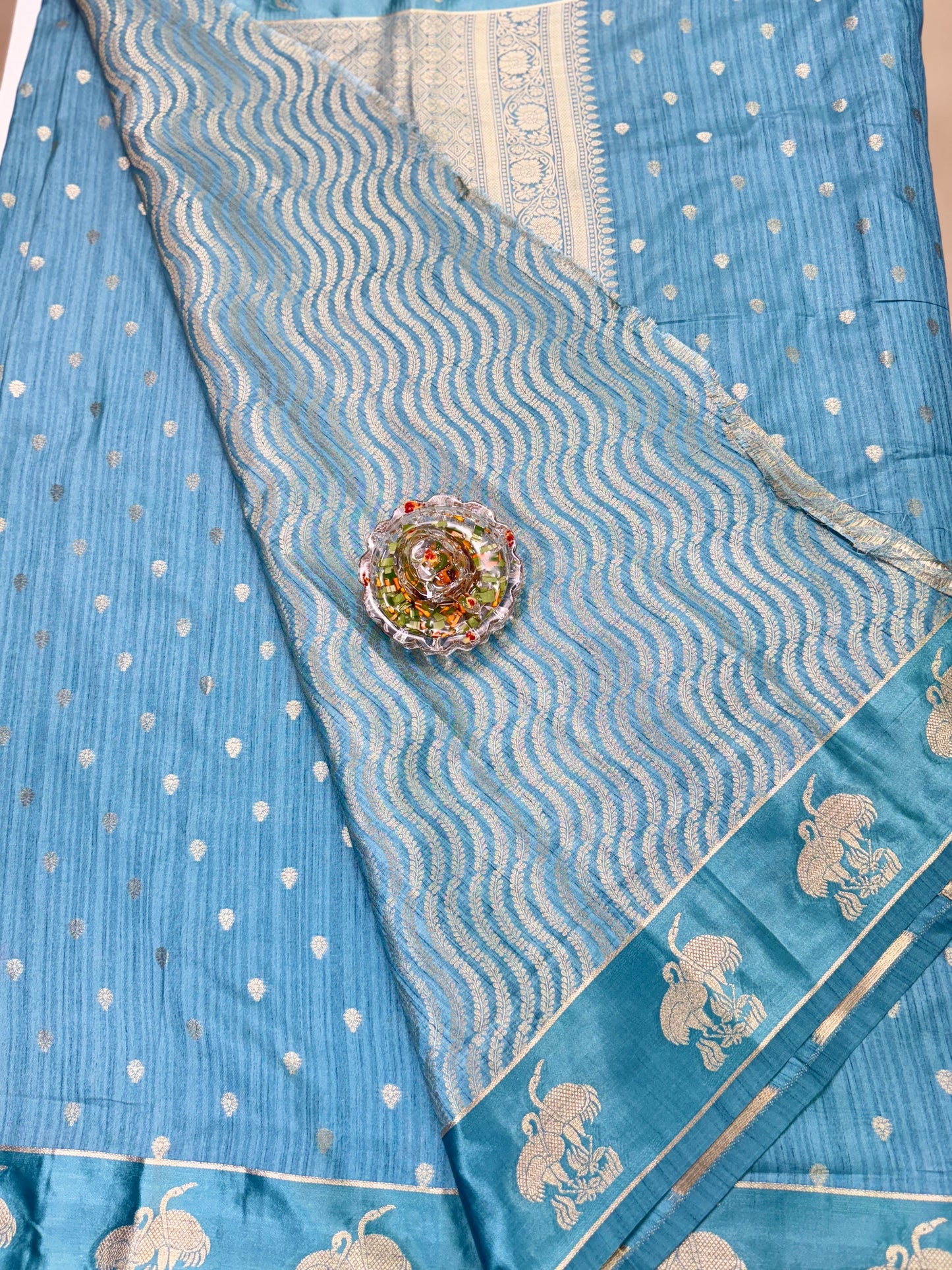 Tussar silk saree with satin border and zari woven motifs for women
