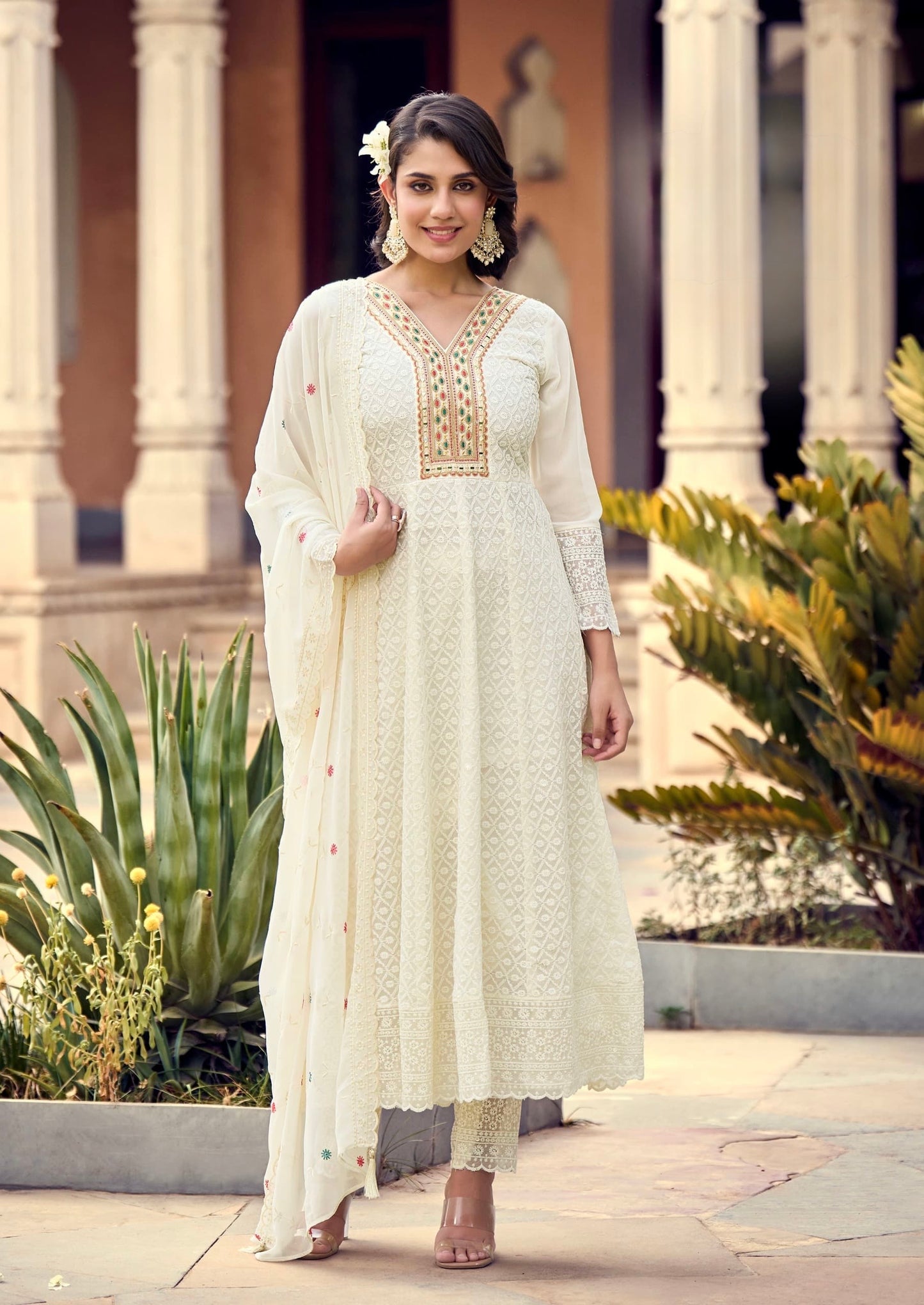 Georgette Anarkali Kurta Pant Dupatta Set with Embroidery and Khatli Mirror Work – L to 2XL