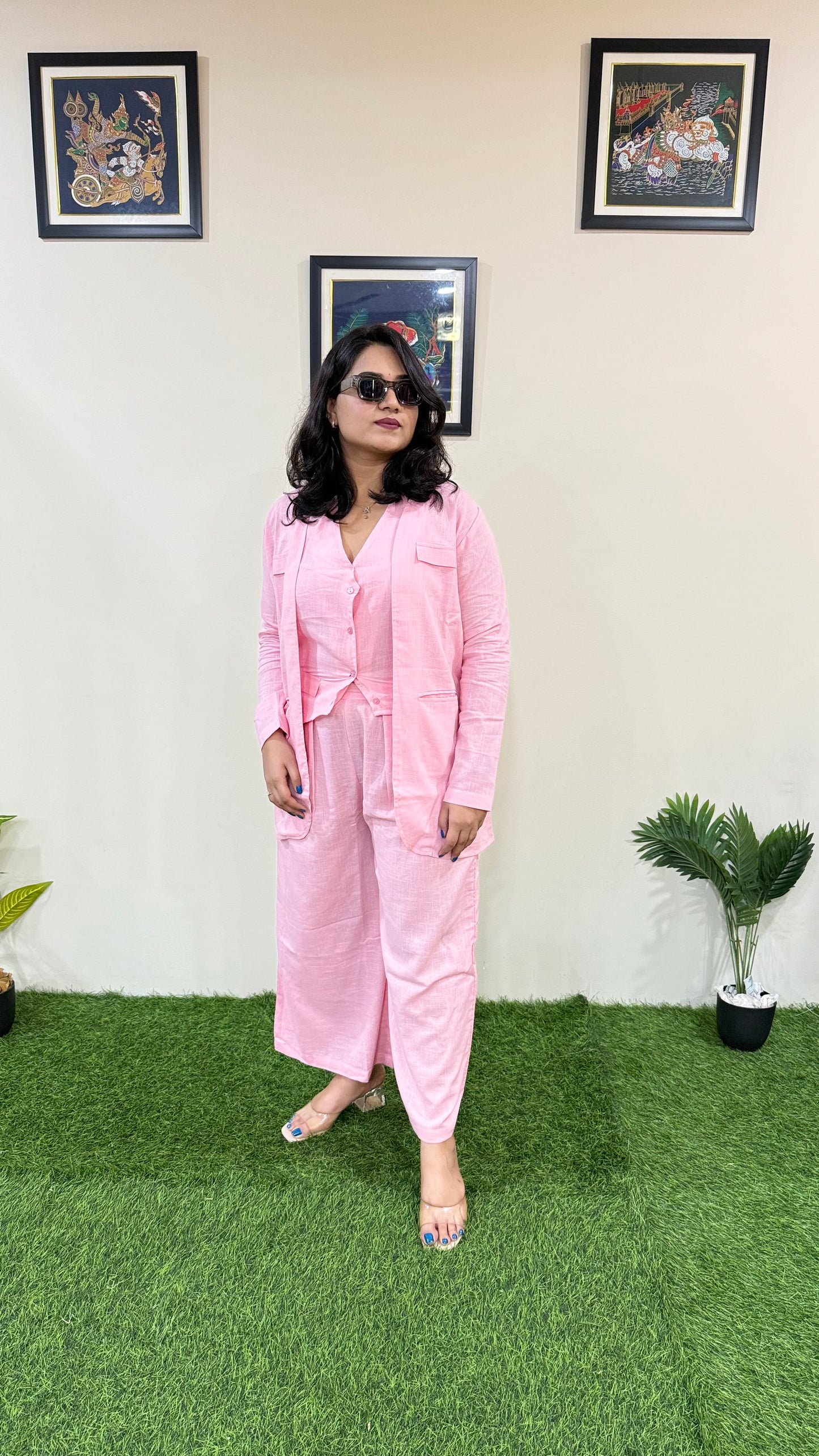 Pure Cotton Slub Bell-Bottom Pants with Halter Neck Waistcoat and Long Blazer – Women’s Three-Piece Set (Sizes 40 to 44)