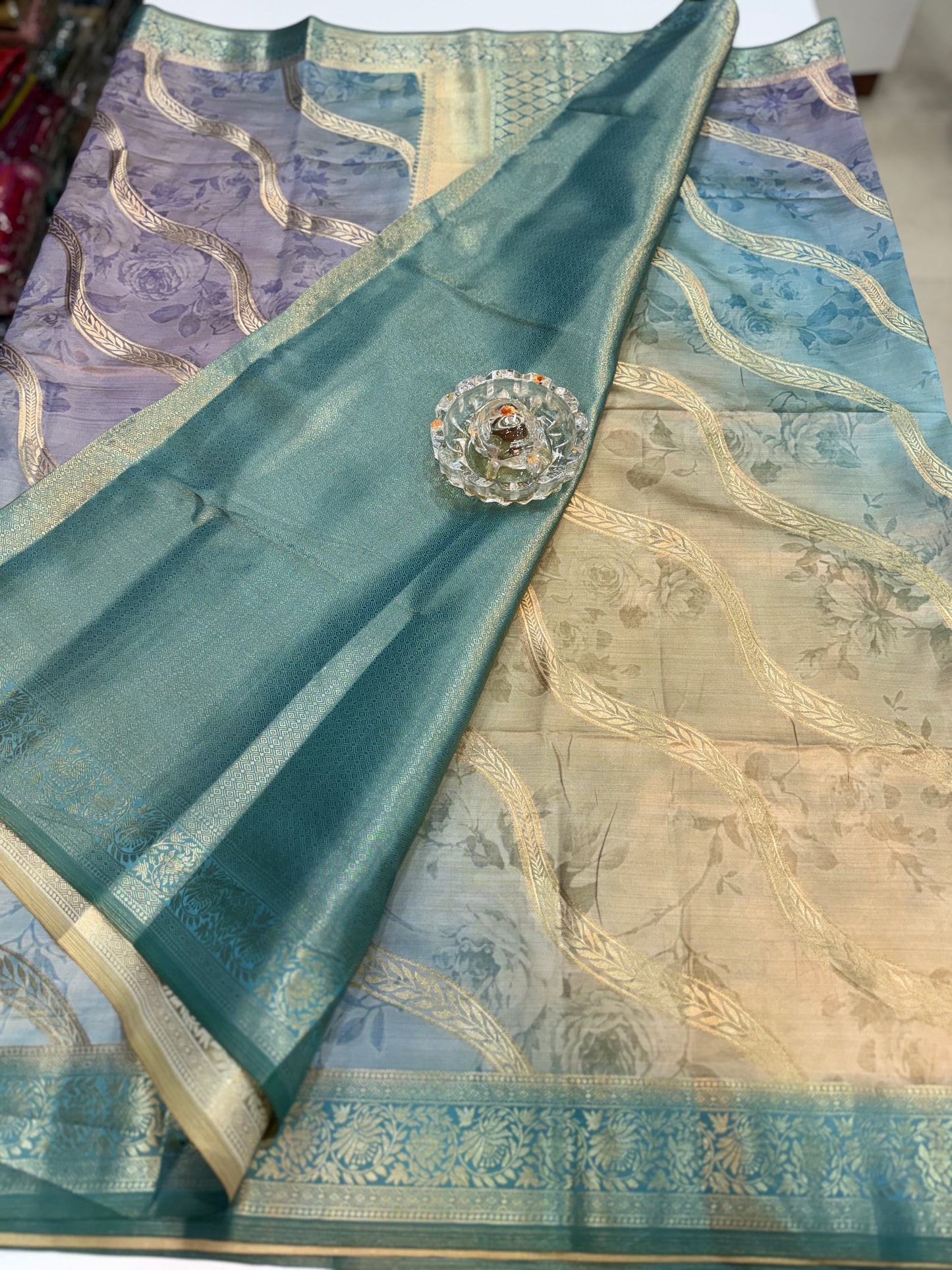 Bamboo Silk Floral Printed Saree with Rich Decorative Pallu, All Over Rich Leheriya Pattern
