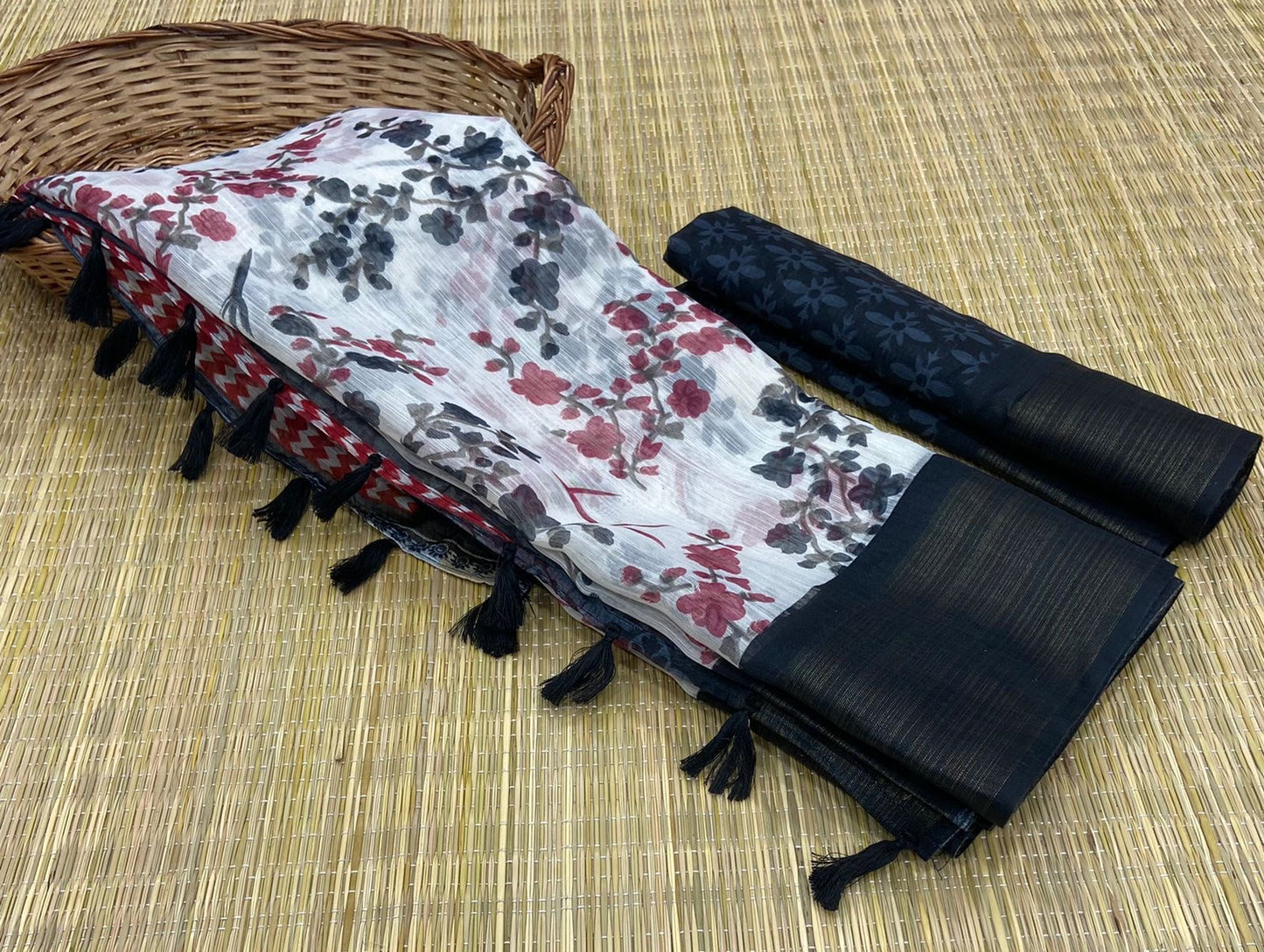 Soft Cotton Slub Saree with HD Floral Print, Zari Weaving Border, and Tassel Pallu for Women