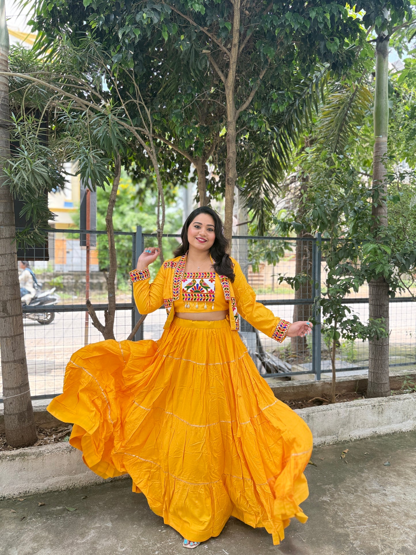 Rayon Lehenga Choli with Embroidered Gamthi Work Koti and Cowrie Lace – Navratri and Festive Wear