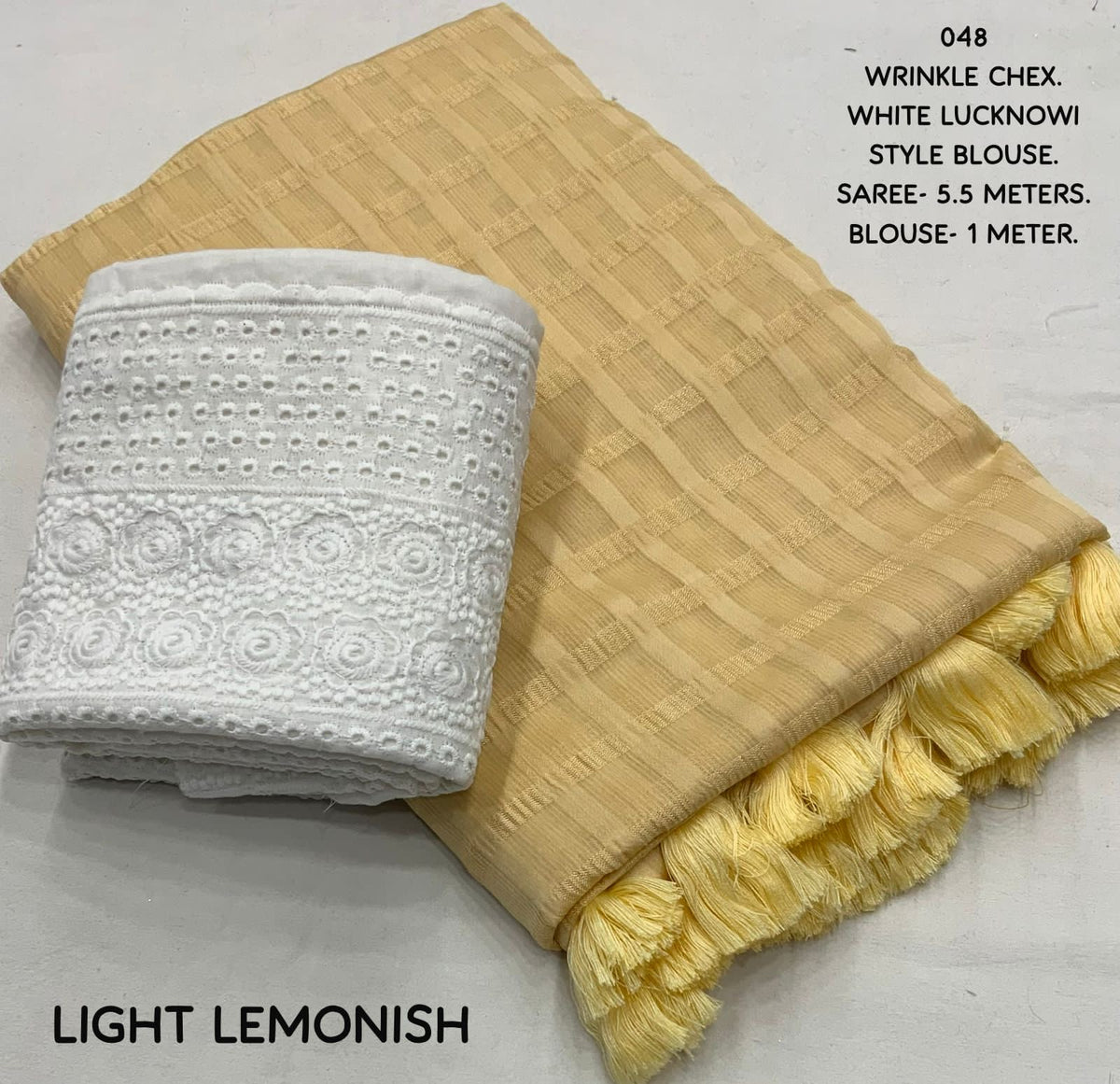 Wrinkle Chex Soft Georgette Saree with Tassel Pallu and Lucknowi White Blouse Piece