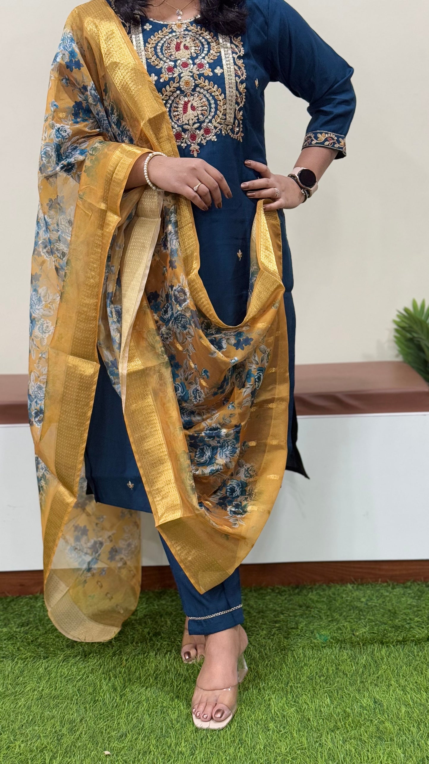 Vertican Silk Straight Cut Kurta Pant Dupatta Set with Organza Digital Print Dupatta – Sizes XL to 3XL