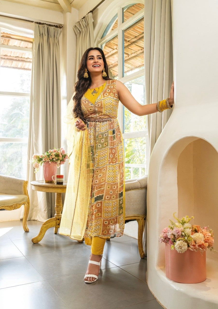 Nyra Cut Crochet Georgette Kurti Set with Jaam Silk Pant, Net Dupatta and Handwork Belt – Sizes L, XL