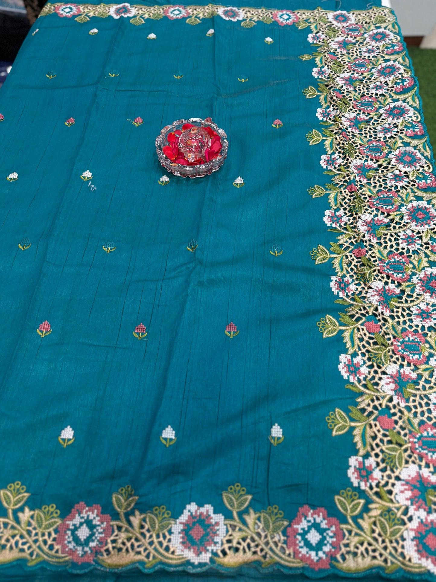Matka Silk Saree with Embroidered Buttis, Cutwork Big Pallu, and All-Over Cutwork Panel