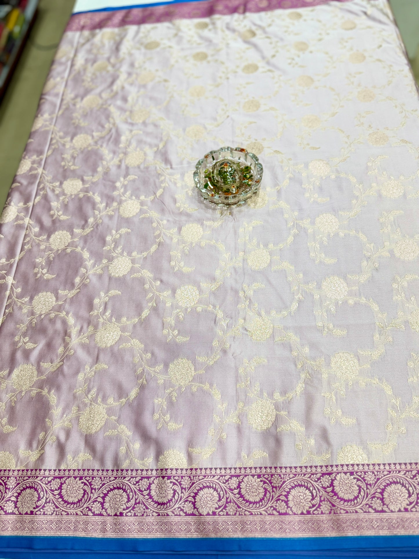 Banarasi Mashru Katan Silk Saree in Silver and Purple with Contrast Blouse Piece – Women’s Festive Wear