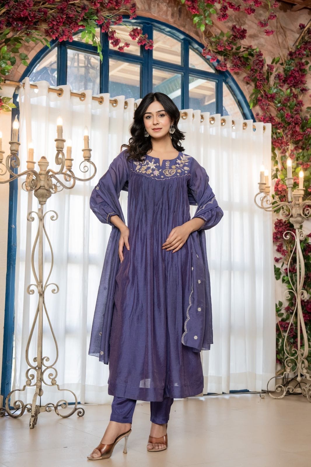 Chanderi Anarkali Kurti Pant Dupatta Set with Elegant Handwork for Women