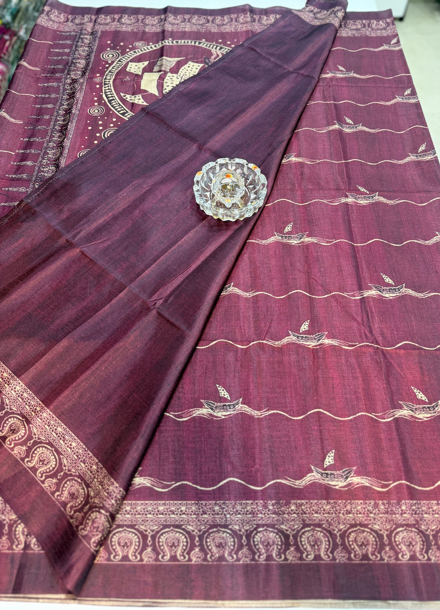 Semi Tussar Silk Saree with Ethnic Print Border and Tassel Pallu, Sea & Ships Print
