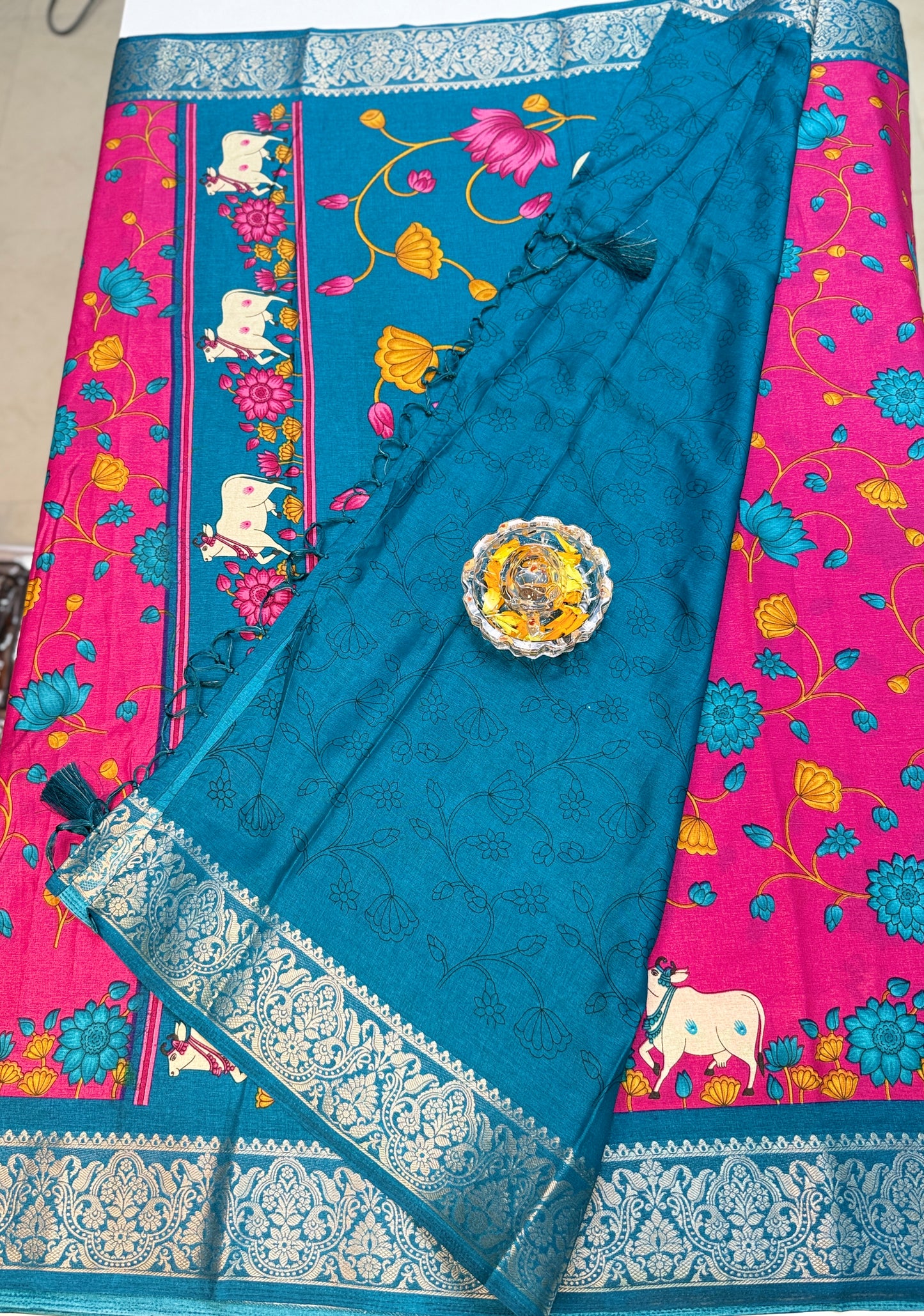 Madrasi Cotton Silk Saree with Cultural Print Motifs and Matching Blouse Piece for Women