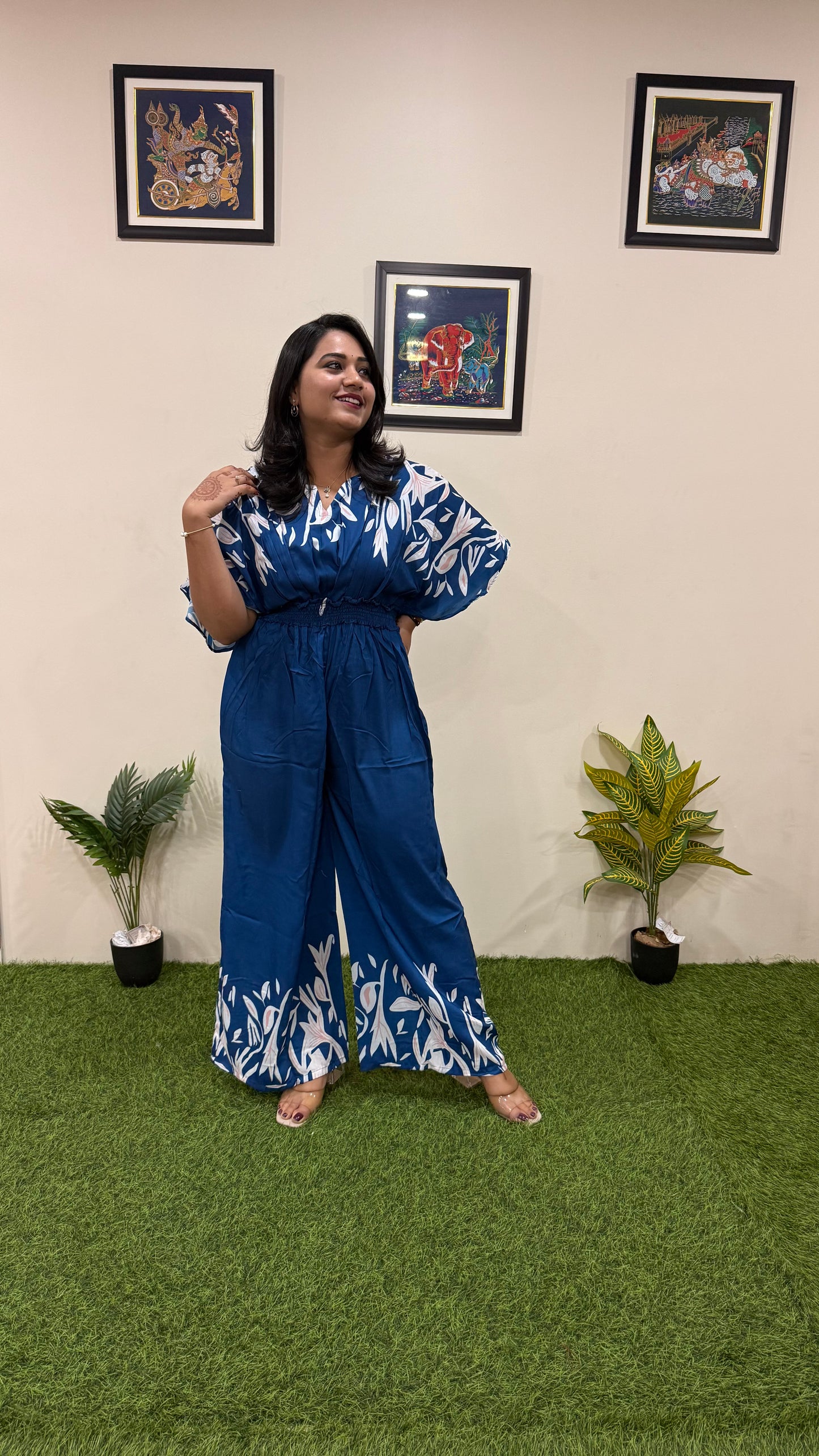 Women's Teal Blue Printed Muslin Jumpsuit with Kimono Sleeves – Length 57”