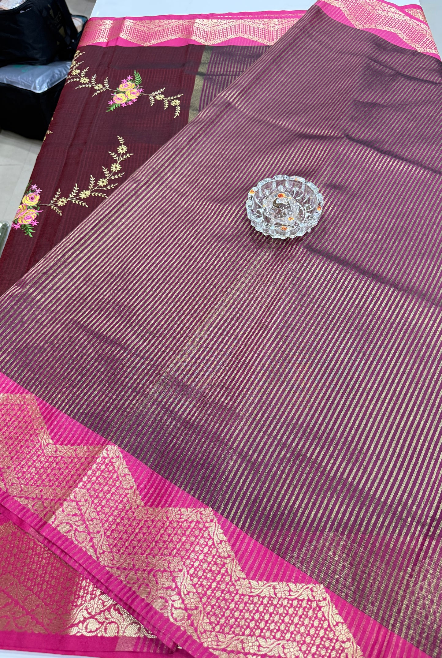 Banarasi kota silk saree with floral embroidery, contrast magenta zari border and matching blouse piece for women