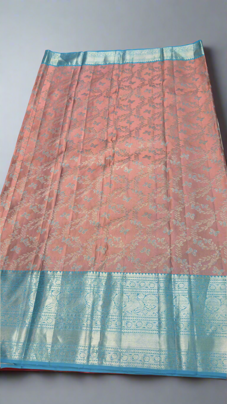 Handloom Kanchi Silk Saree with Silver Zari Double Warp in Peach Pink for Women