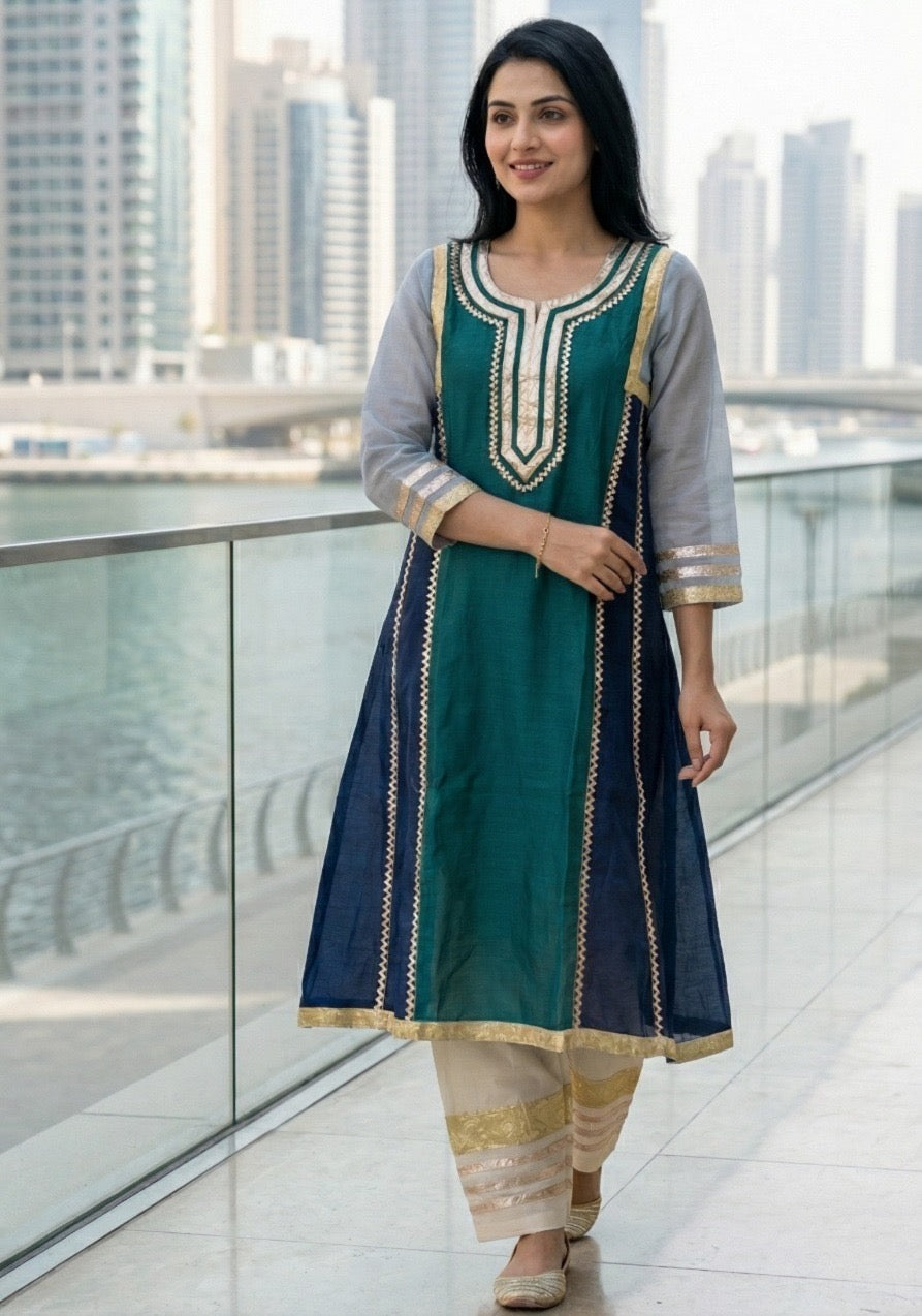 Mul Chanderi Kurti Pant Set for Women Panel Design Straight Kurta with Woven Bottom Ethnic Set