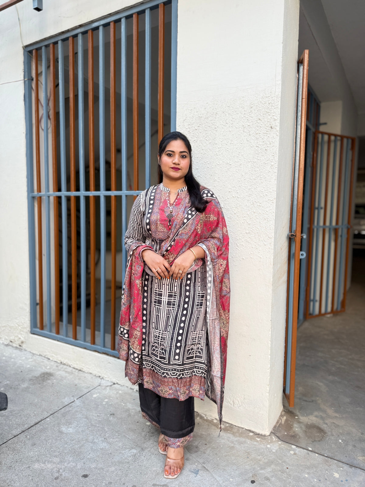 Viscose silk printed kurta pant dupatta set with ethnic motifs and mirror-style detailing for women