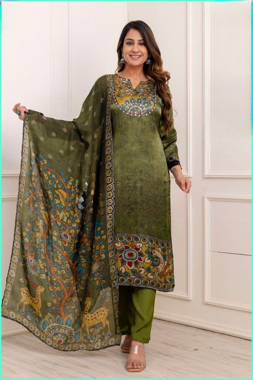 Pure Gaji Silk Kalamkari Print Suit with Mirror and Sequence Handwork – Women’s Festive Wear