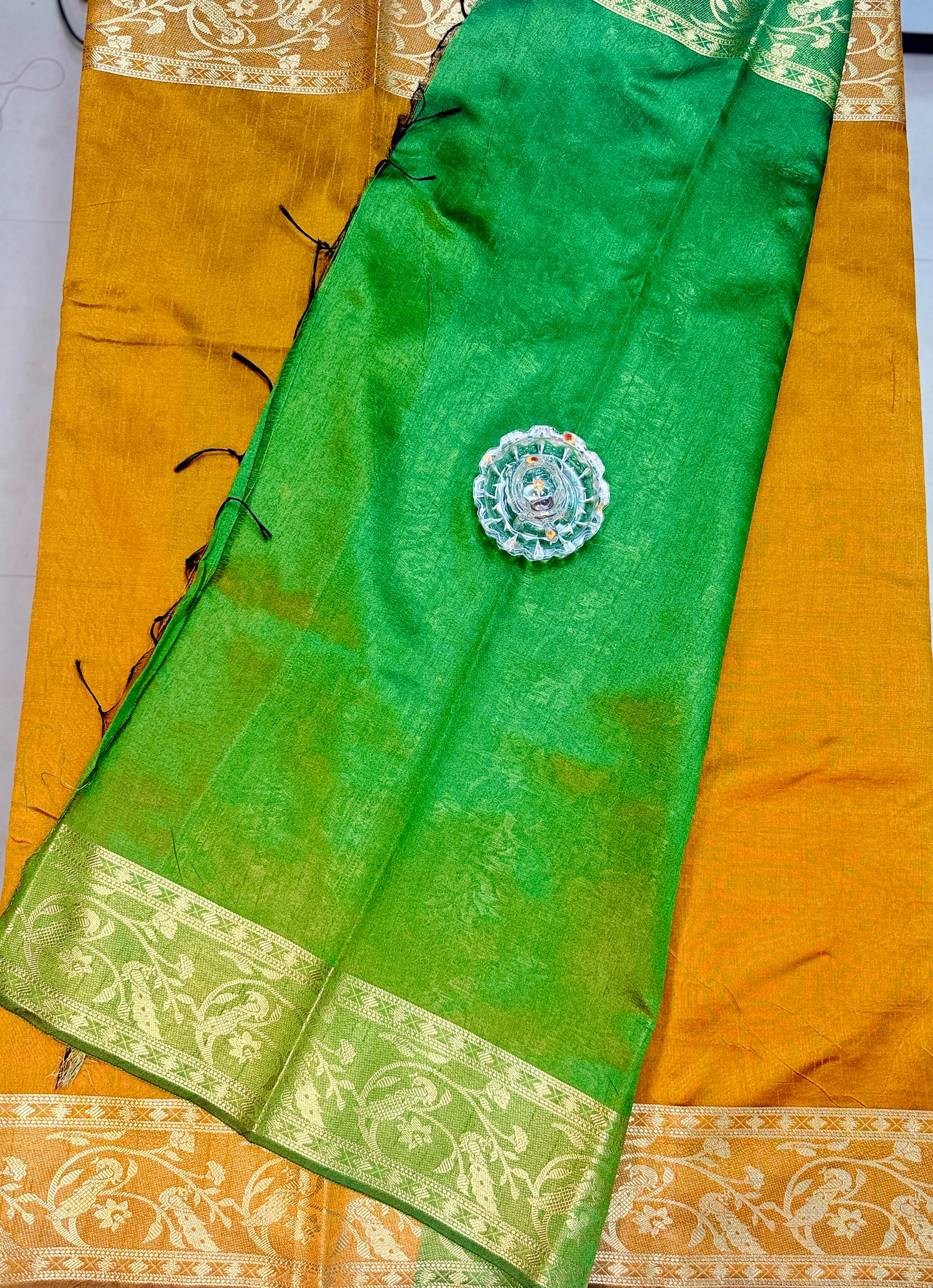Semi Raw Silk Saree with Zari Hand Border, Heavy Jamdani Pallu and Contrast Blouse