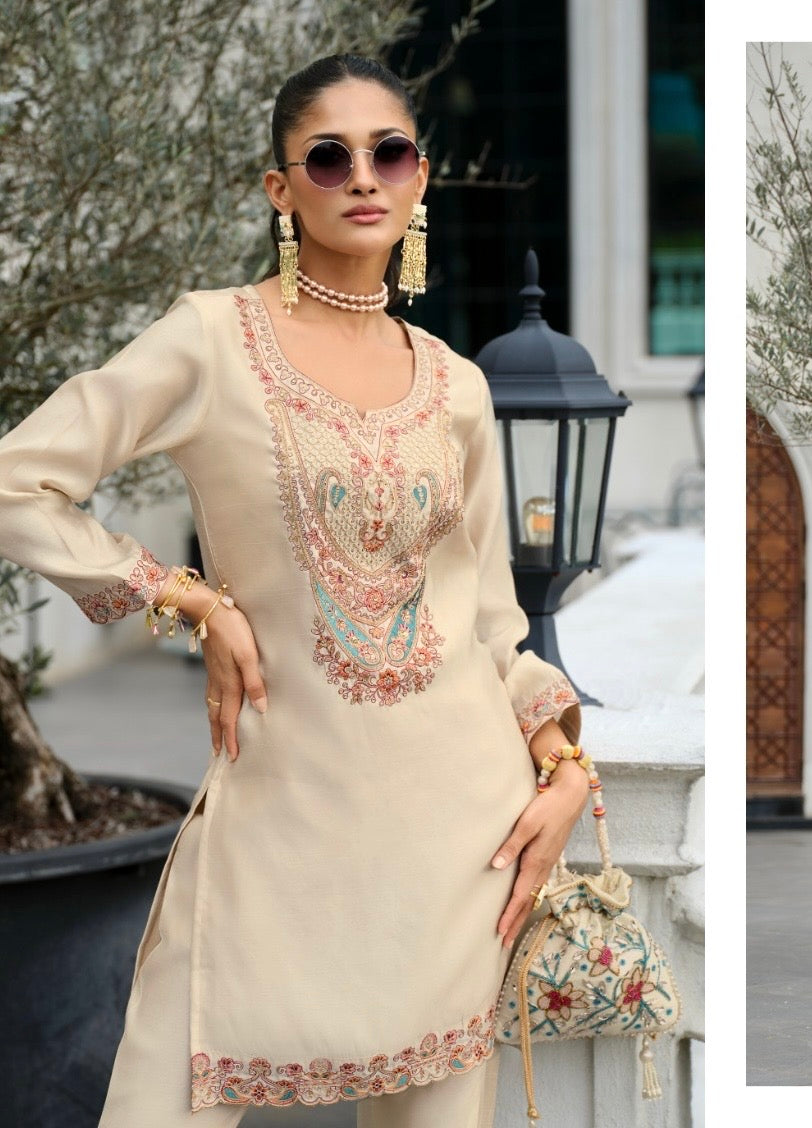 Pure Tussar Silk Co-Ord Set with Embroidery and Handwork – Festive Wear for Women in XL to 3XL