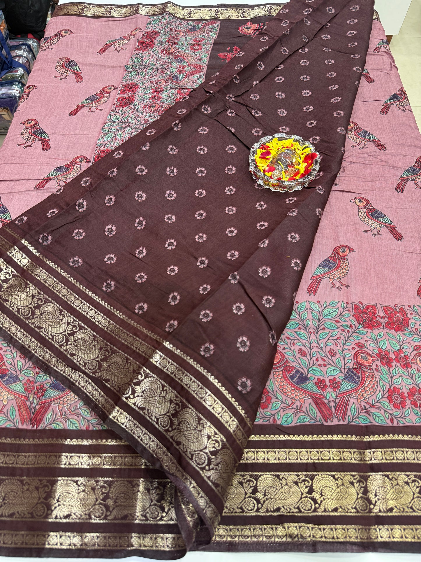 Venkatagiri style silk-blend printed saree with bird motifs and zari-style border, 6.3m women’s festive saree