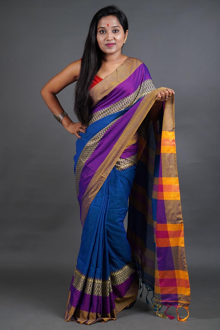 Pure Cotton Handloom Saree for Women with Woven Border and Blouse Piece – Traditional Daily Wear