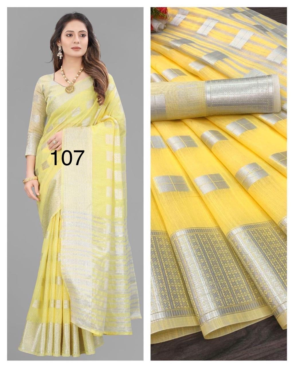 Linen Silk Saree with Silver Zari Weaving and Contrast Blouse – Festive and Wedding Wear