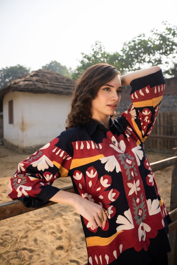 Cotton Poplin Oversized Co-Ord Set with Hand Brush Painted Design – Artistic Casual Wear for Women (Sizes 38 to 44)