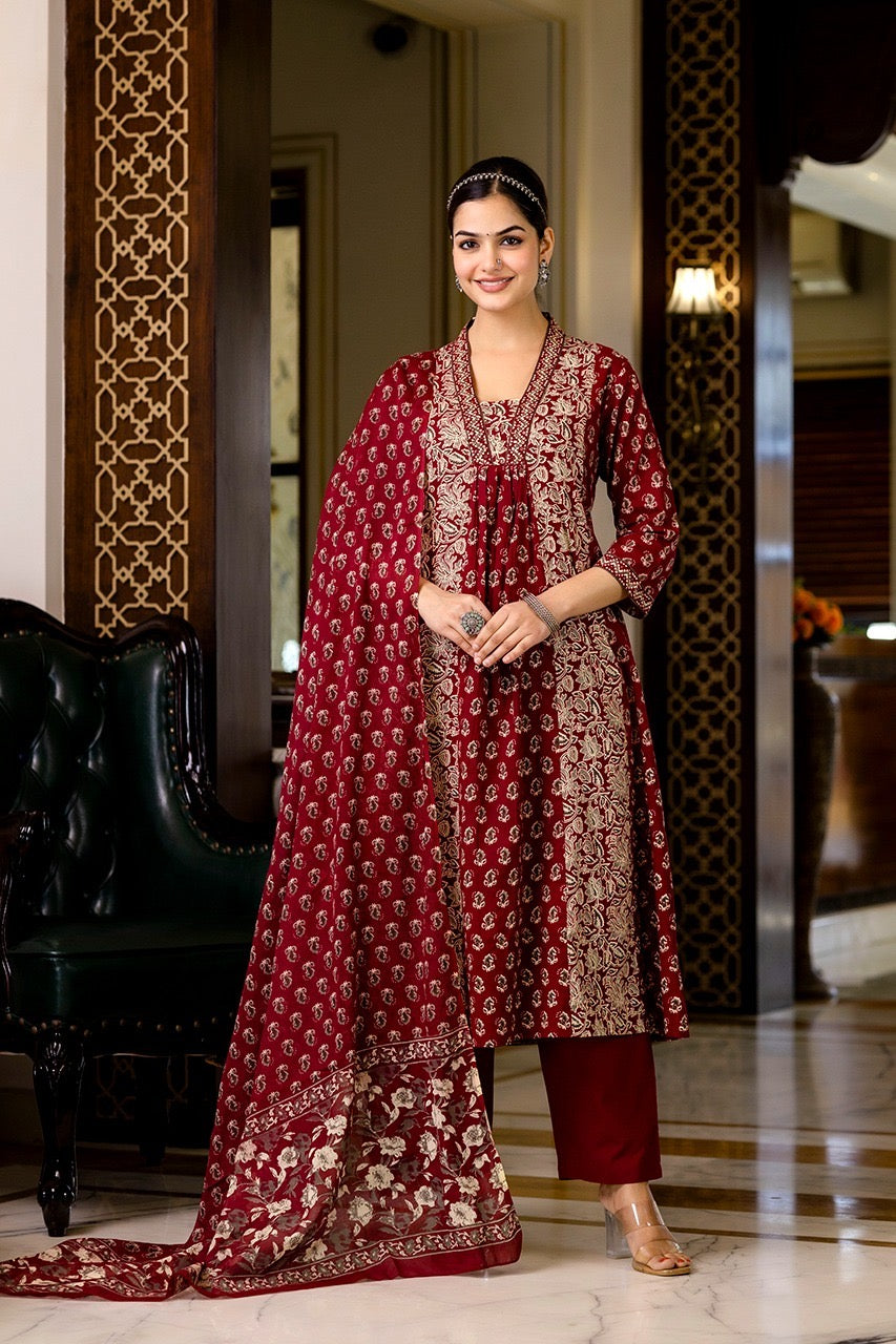 Pure Cotton Printed Kurta Pant Dupatta Set for Women – Maroon Ethnic Suit Set, Sizes 38–46