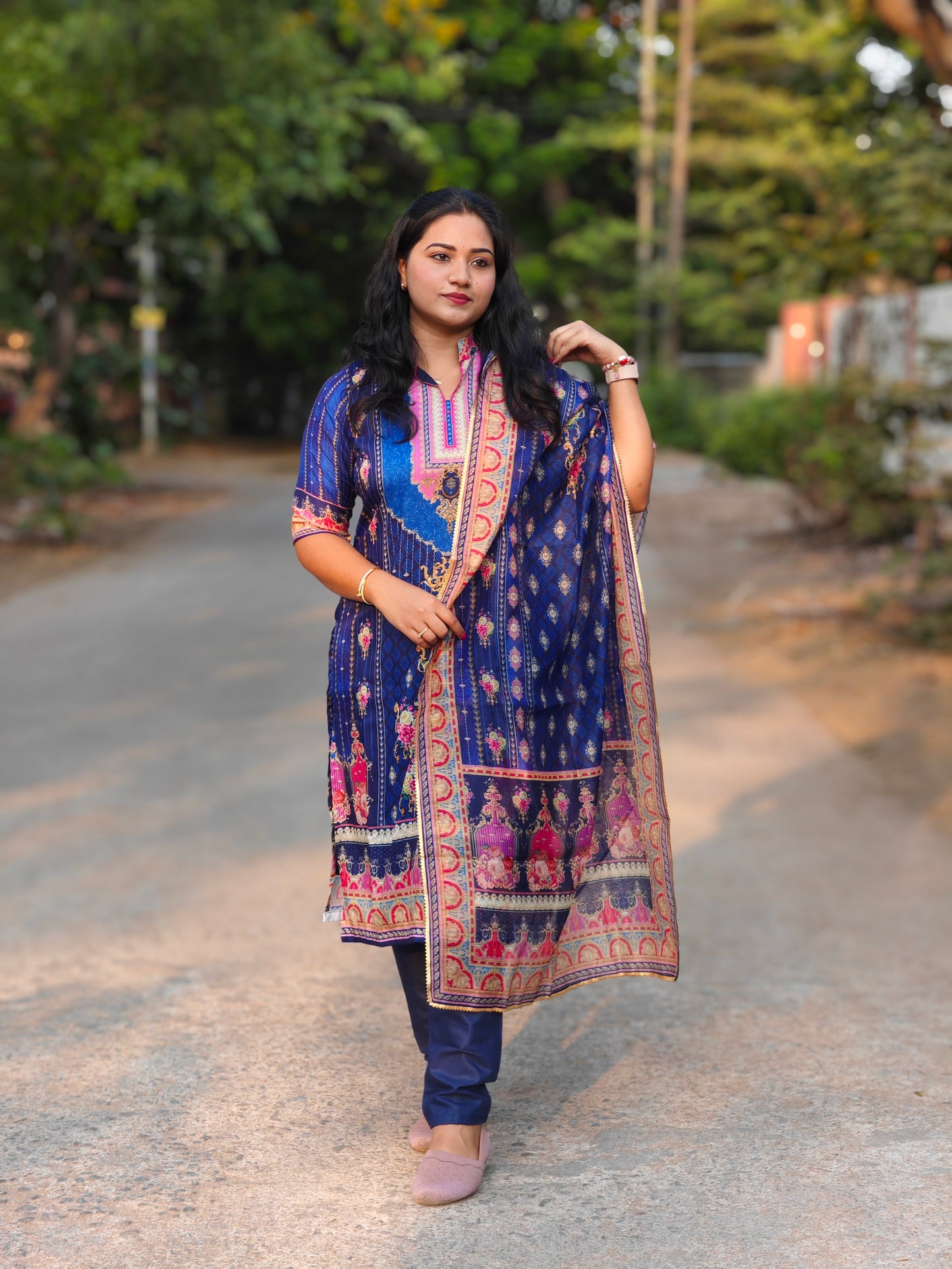 Pure Muslin Silk Jaipuri Kurti Set with Printed Design, Rayon Cotton Pants & Maslin Dupatta – Sizes M to XXL