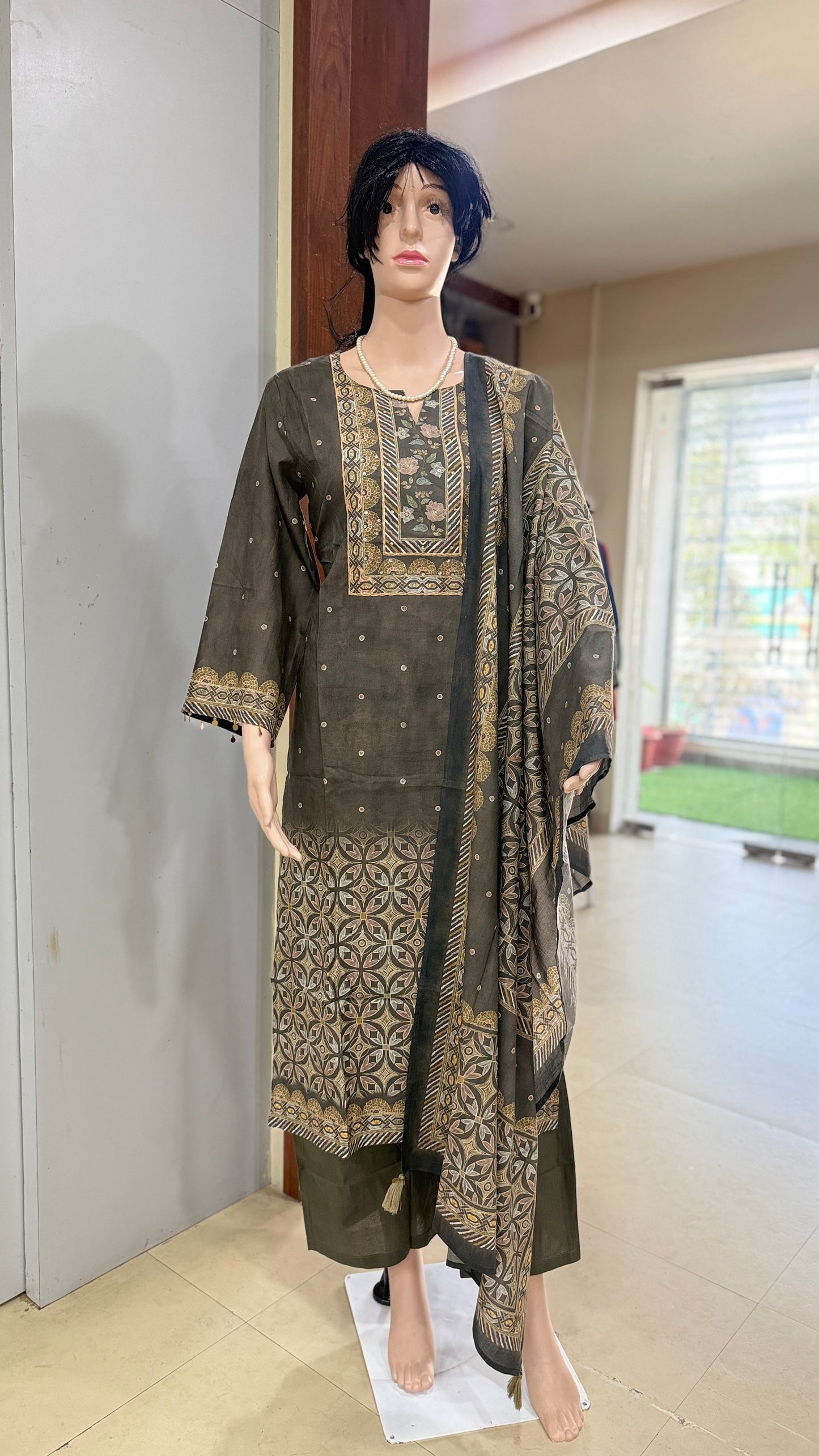 Italian cotton kurta pant dupatta set for women with placement print, straight 3 piece ethnic set, sizes 38 to 44